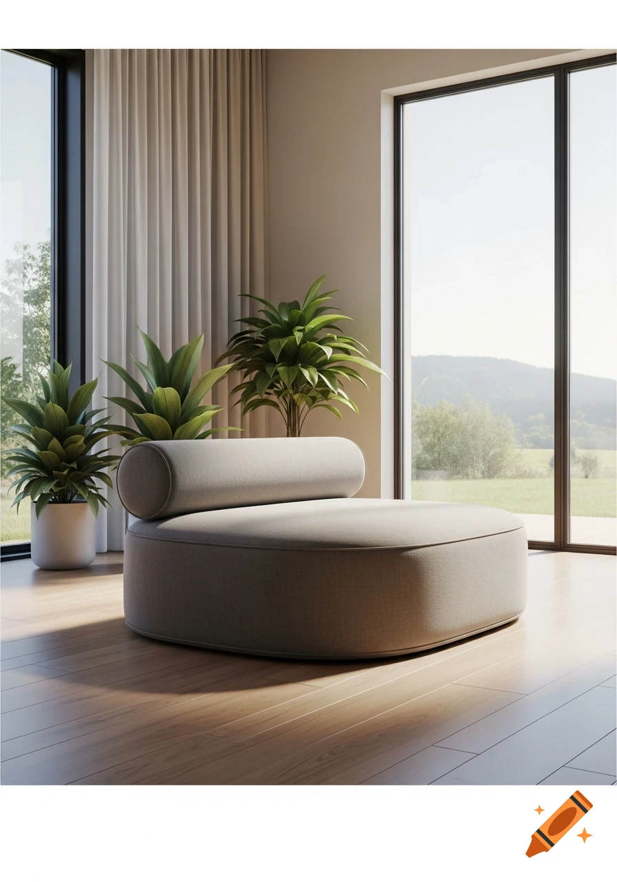 A modern, light gray rounded bolster seat in a sunny room with large windows, several potted plants, and a scenic outdoor view.