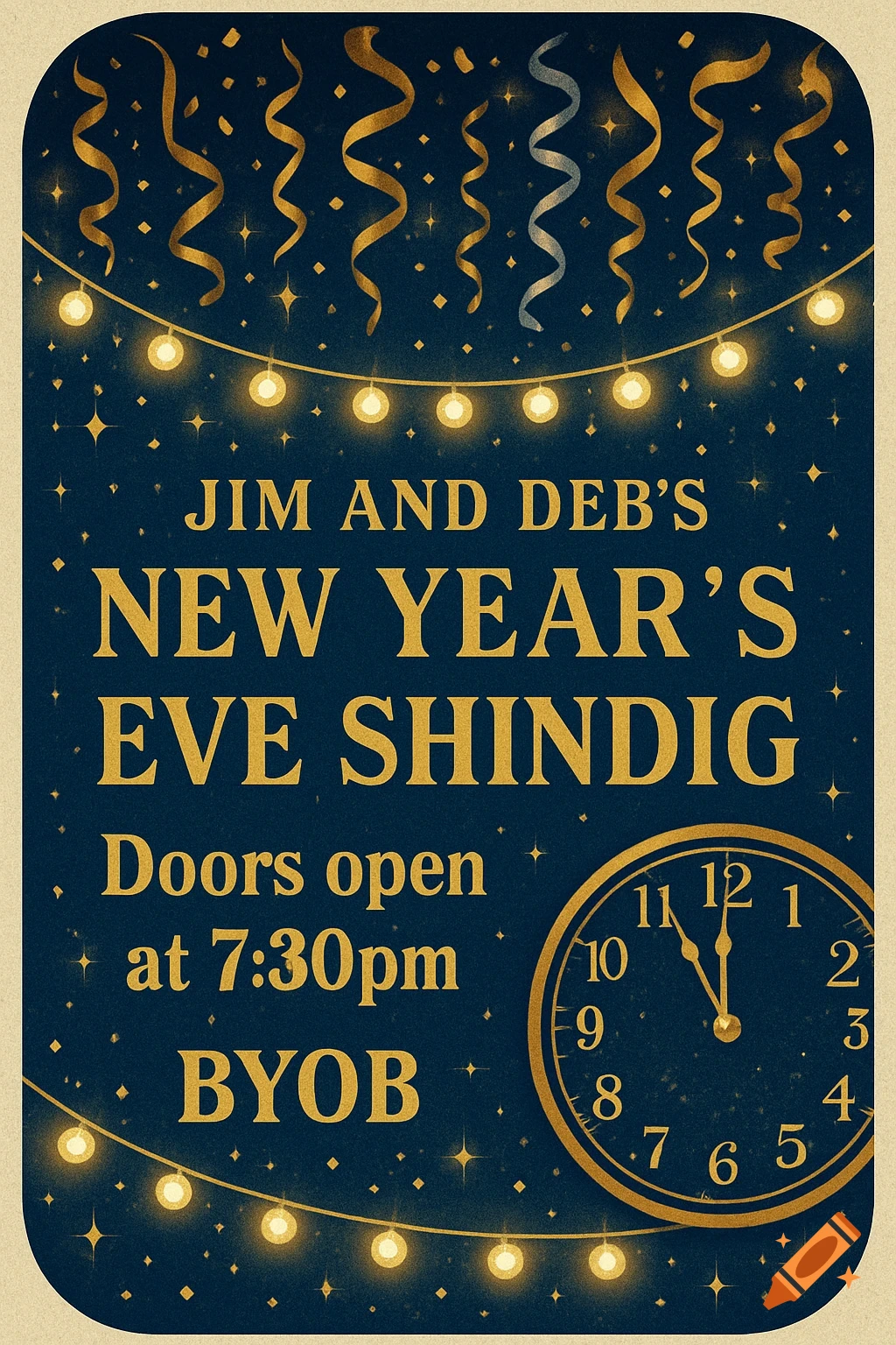 A dark blue New Year's Eve invitation poster with gold text, string lights, confetti, and a clock showing almost midnight.