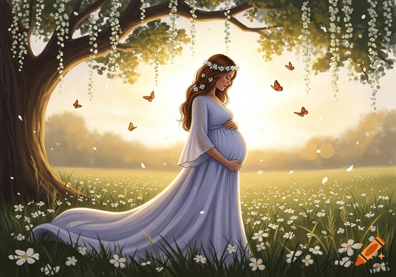 A pregnant woman in a flowing lilac dress stands in a sunlit field of white flowers under a flowering tree, with butterflies around her, in an illustration style.
