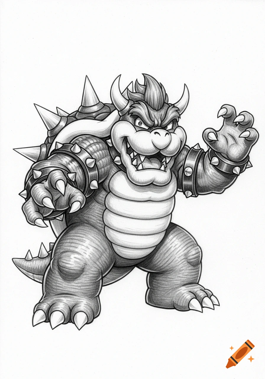A detailed black and white pencil sketch of Bowser from Nintendo's Super Mario Bros., depicted snarling with one arm raised.