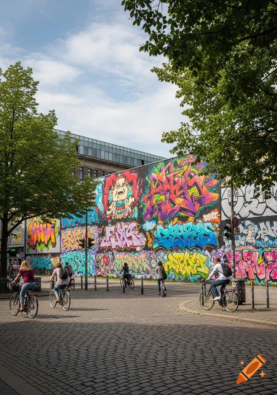 People ride bicycles past a large, colorful graffiti-covered wall on a sunny day in a city. Trees frame the cobblestone street.