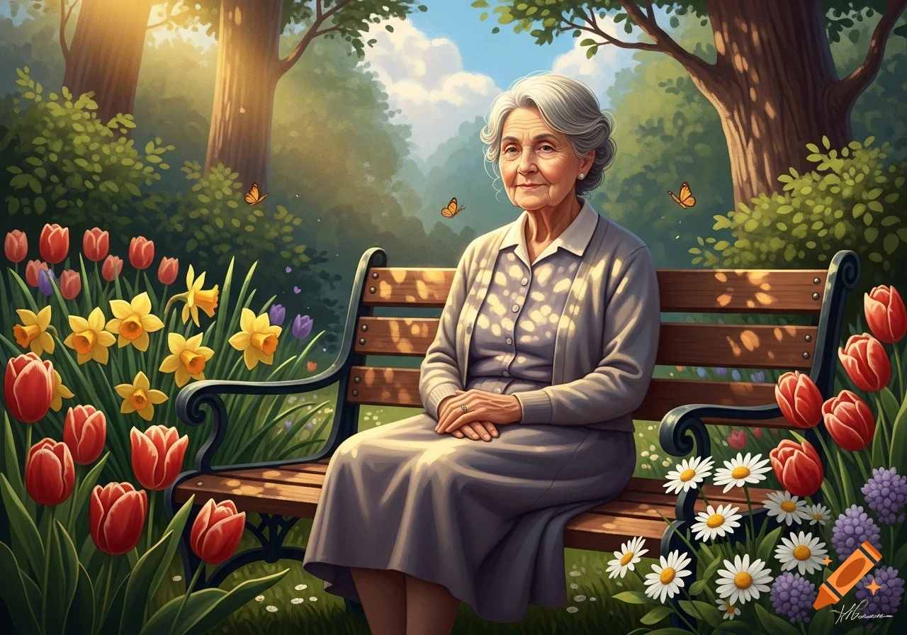 An elderly woman with white hair sits on a park bench amidst colorful tulips, daffodils, and other spring flowers under dappled sunlight.