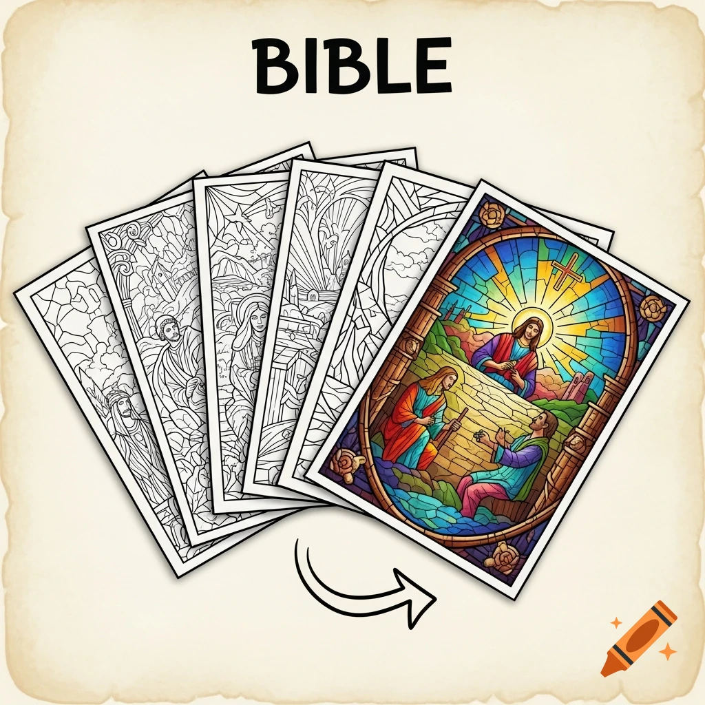 Bible coloring book pages fanning out, with a colored stained-glass illustration of Jesus on top and black and white line art pages below. The word BIBLE is at the top.