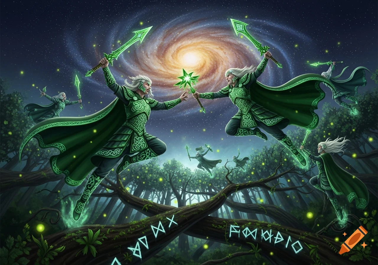 Multiple figures in green Celtic-patterned armor with glowing swords float above a magical forest under a starry galaxy.