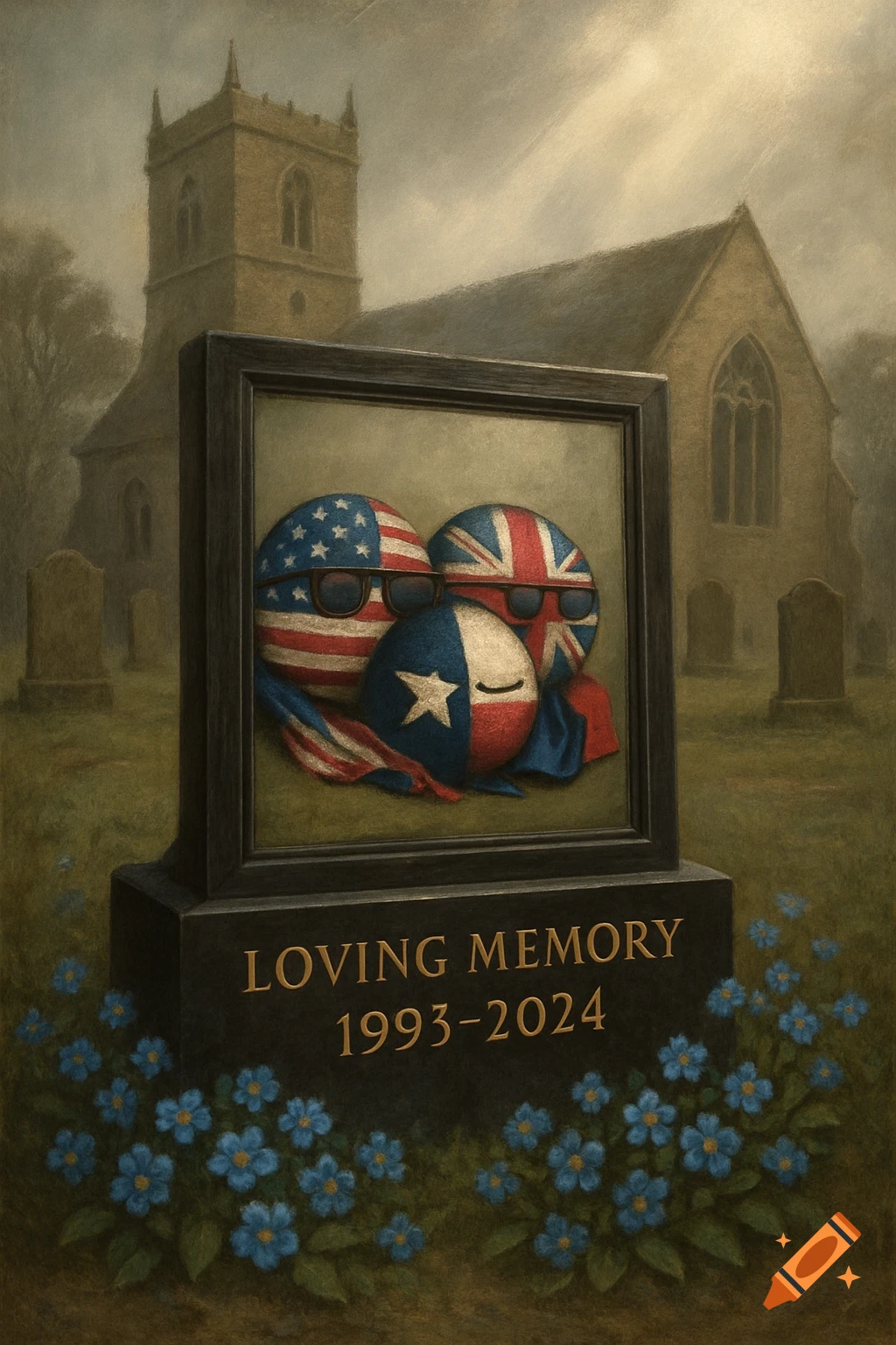 A gravestone features a framed picture of USA, UK, and Texas country balls wearing sunglasses. It reads LOVING MEMORY 1993-2024, with a church in the background.