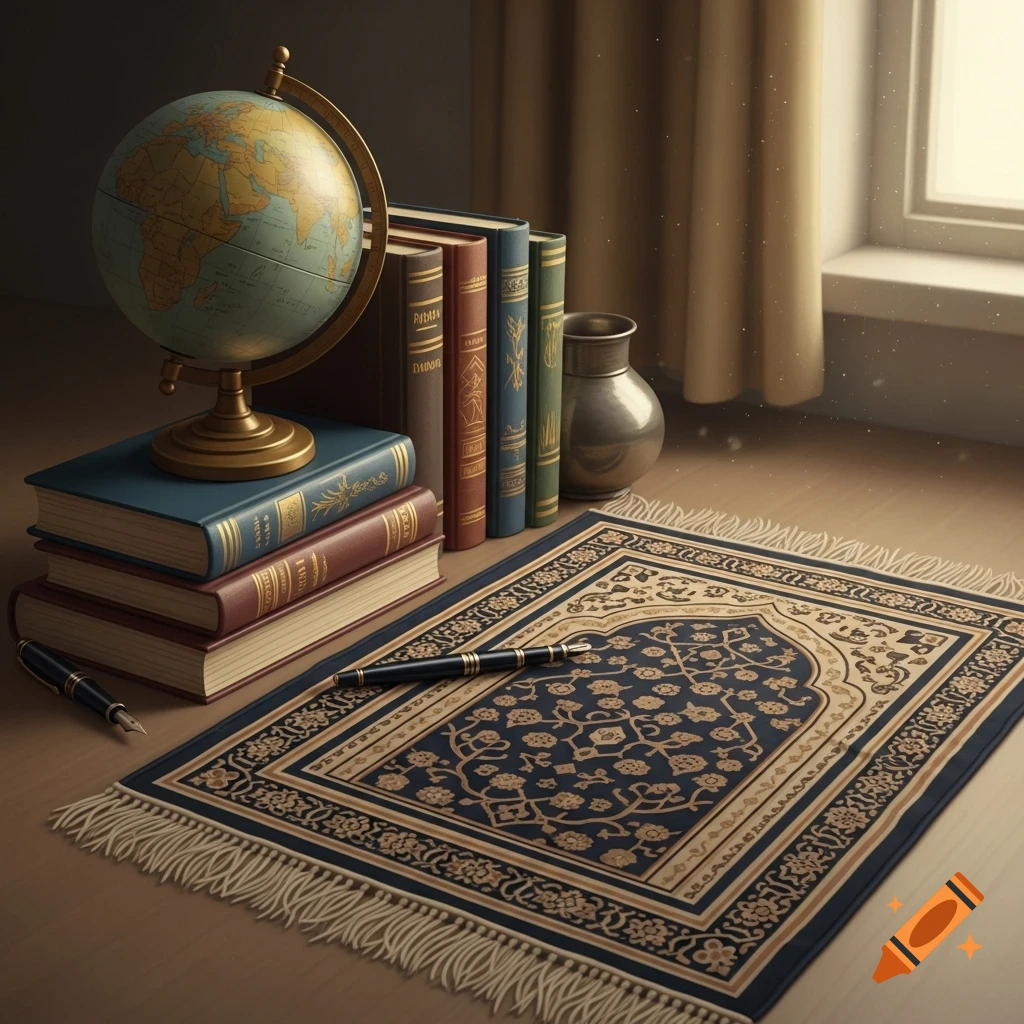 A detailed still life of a desktop setup with a globe, stacked books, pens, a vase, and an ornate blue and gold prayer mat.