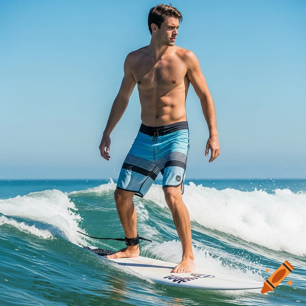 A photorealistic image of a young man with a toned physique surfing on a wave under a clear blue sky.