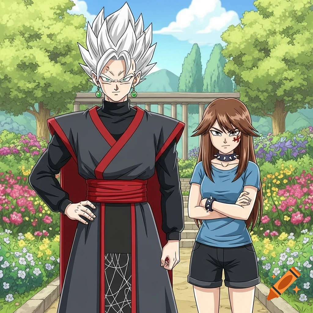 A male character with white spiky hair and a dark gray robe stands next to a brown-haired female in a blue shirt and black shorts, in a flowery garden.