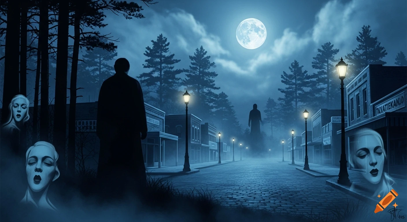 A dark, misty street scene at night with a full moon, two shadowy figures, and faint ghostly faces on the sides.