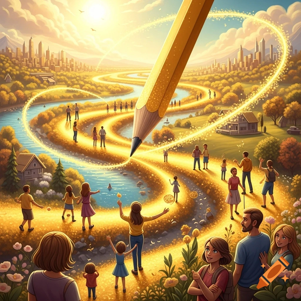 A giant yellow pencil draws a shimmering golden path through a vibrant, whimsical landscape with happy people and a distant city under a sunny sky.