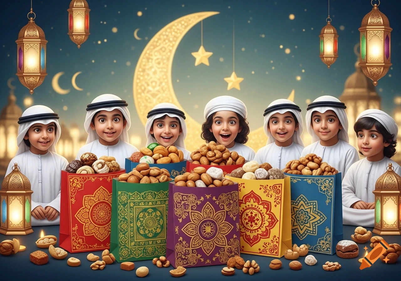 Six Emirati children in traditional dress gather around colorful bags filled with sweets and nuts. The background features a crescent moon and lanterns, creating a festive atmosphere.