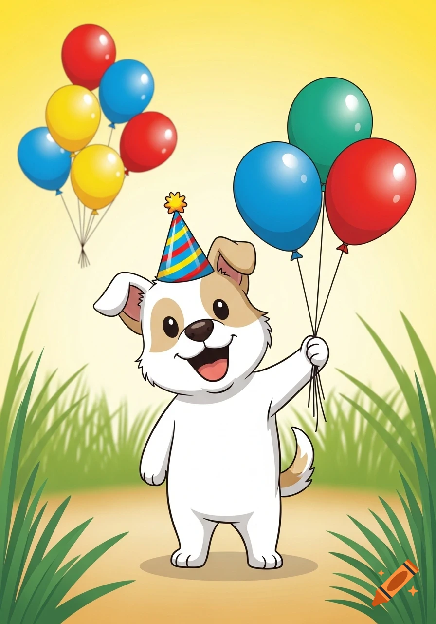 A happy cartoon dog wearing a party hat holds blue and red balloons, with more balloons floating behind it in a grassy outdoor setting.