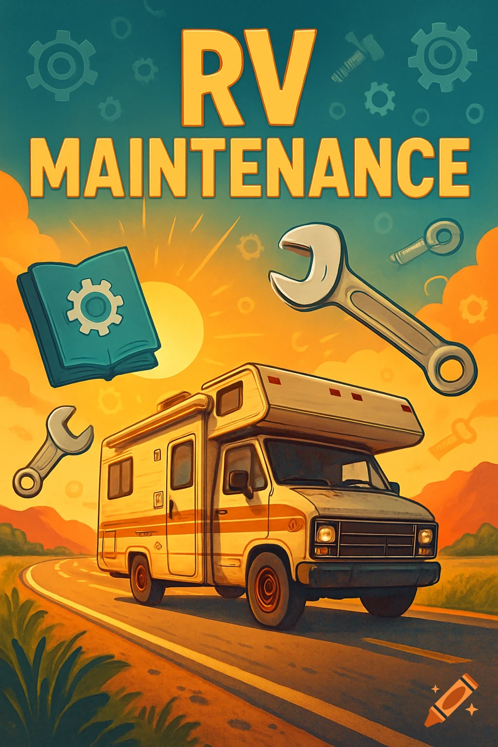 Illustrative poster for RV Maintenance, showing an RV on a road, tools, and a manual under a sunny sky.