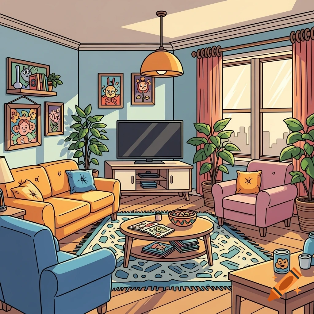 A bright, cartoon-style living room with a yellow sofa, blue armchair, pink armchair, TV, plants, and a coffee table.