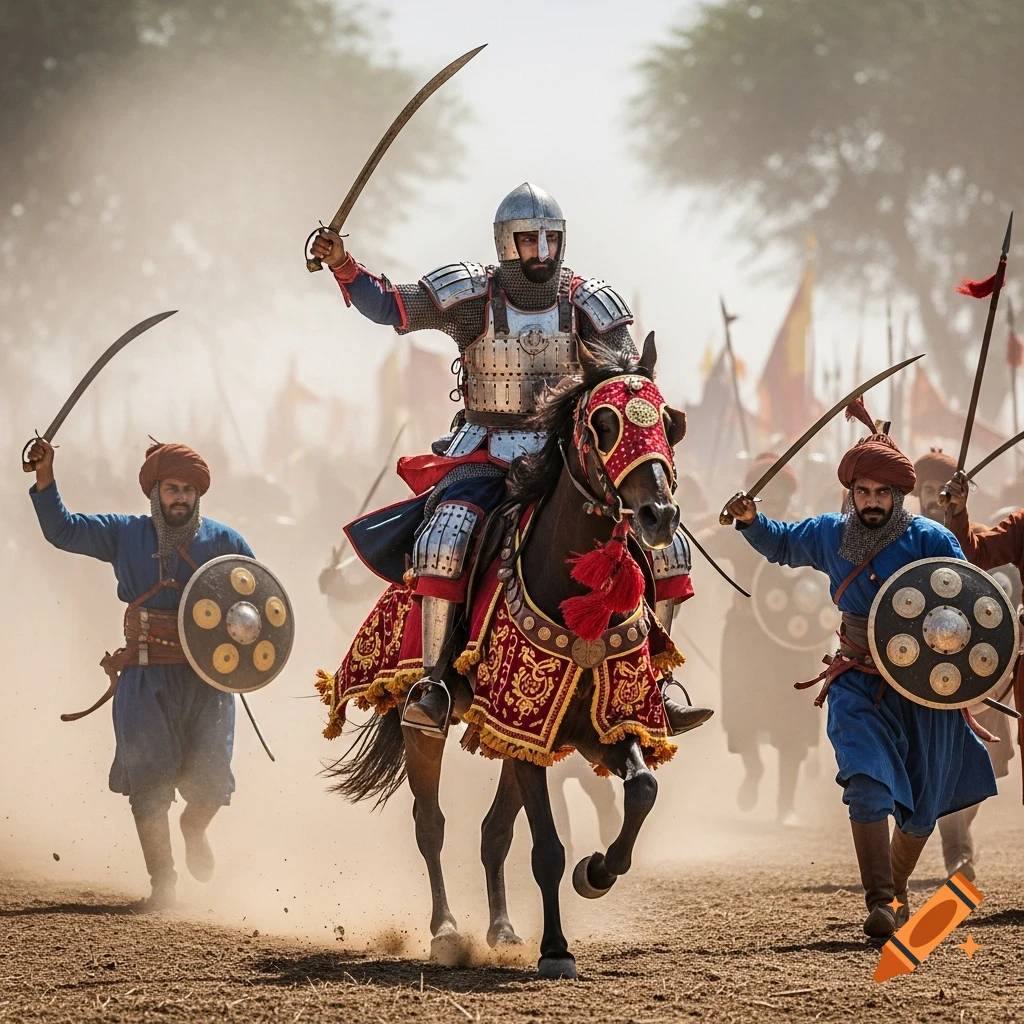 Armored Delhi Sultanate warriors on horseback and foot charge through a dusty battlefield with swords drawn.