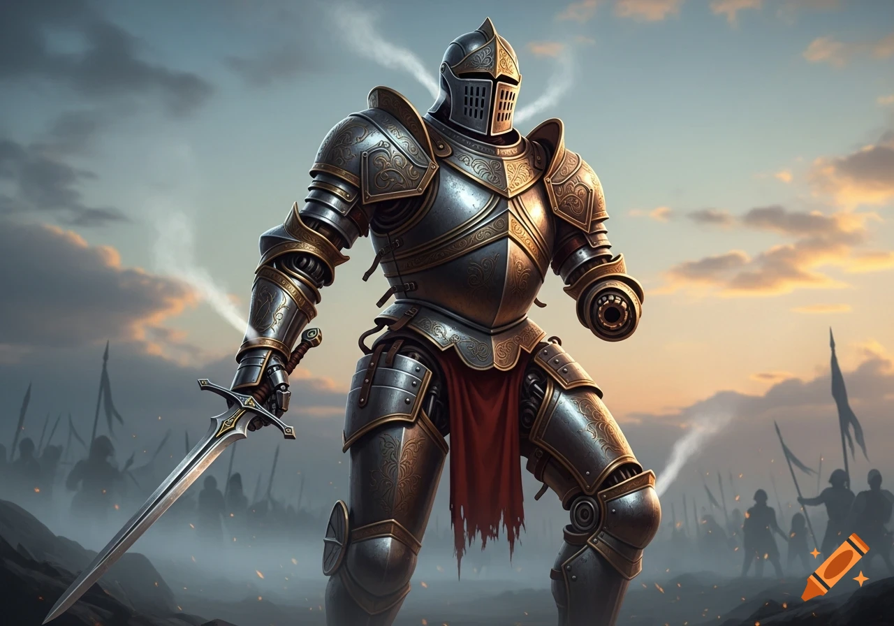 A detailed mechanical automaton knight in ornate armor with a sword for a right hand, standing on a misty battlefield at sunset.