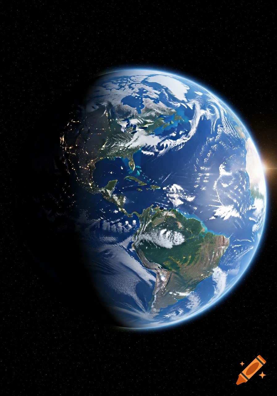 Photorealistic Earth from space, showing North and South America with city lights at night and a glowing sunrise.