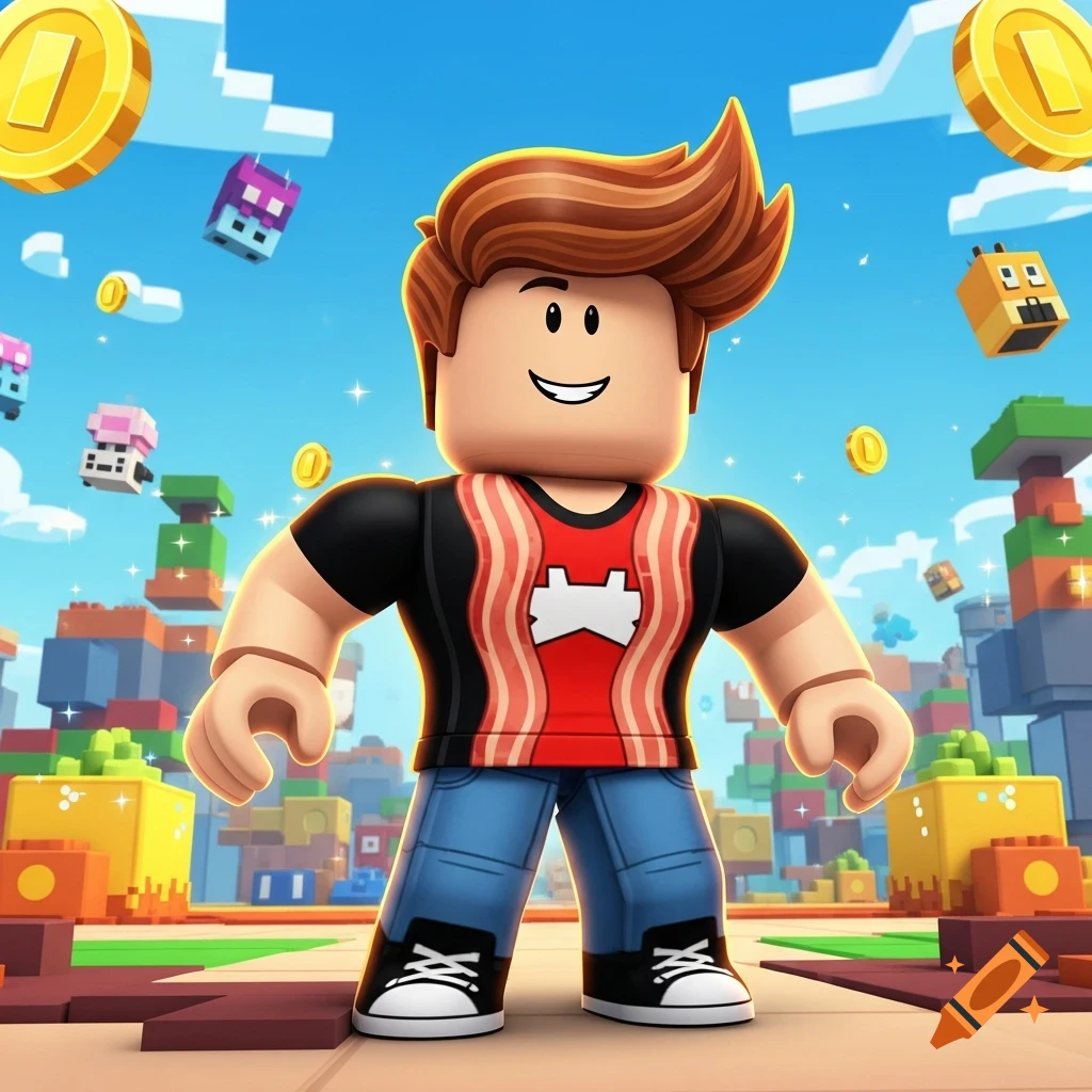 A smiling Roblox 'bacon boy' avatar with spiky brown hair, a striped red and black shirt, and jeans, stands in a colorful blocky world with floating coins.