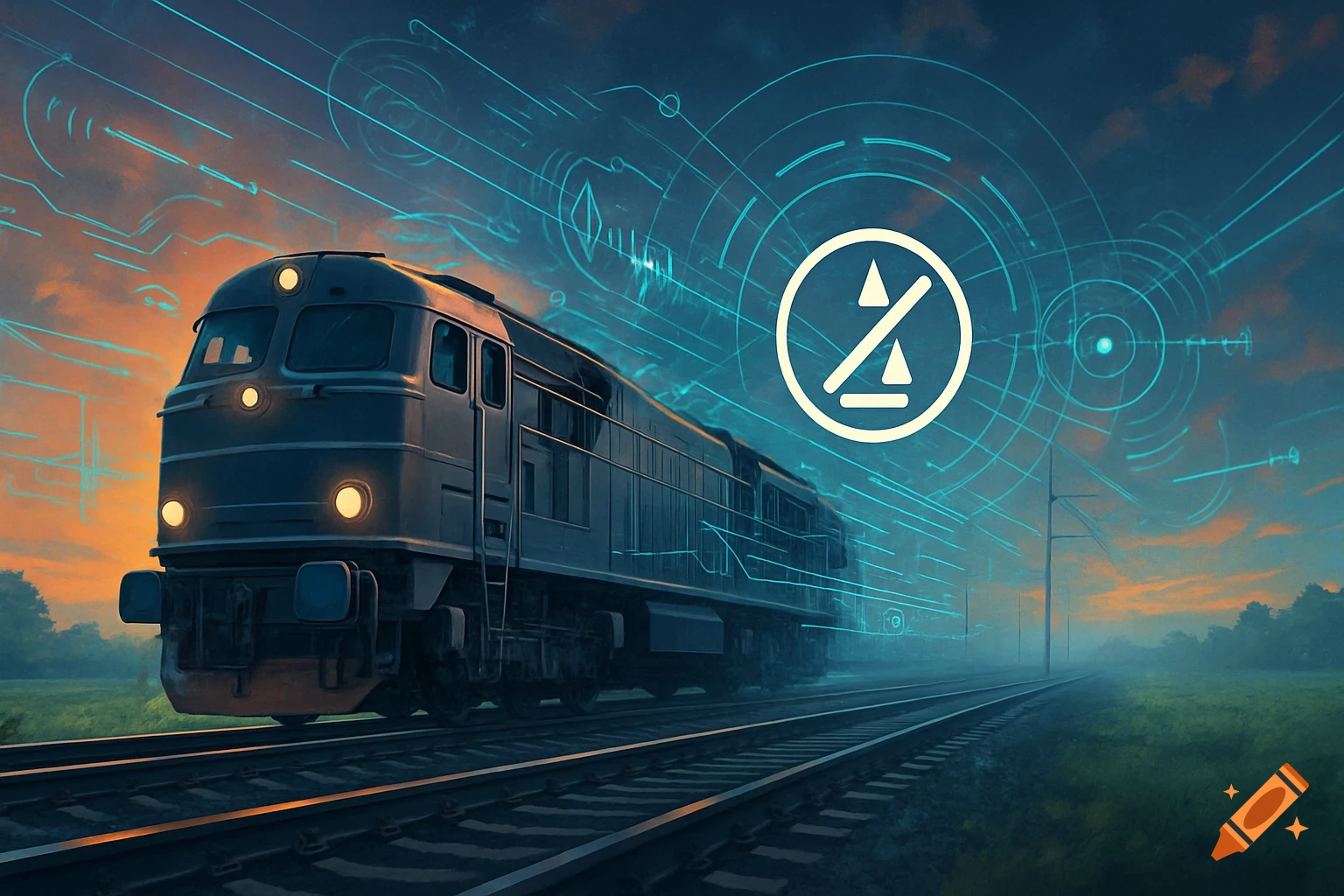 A dark train on tracks at sunset with blue digital circuit lines and a technical symbol overlaying the sky.