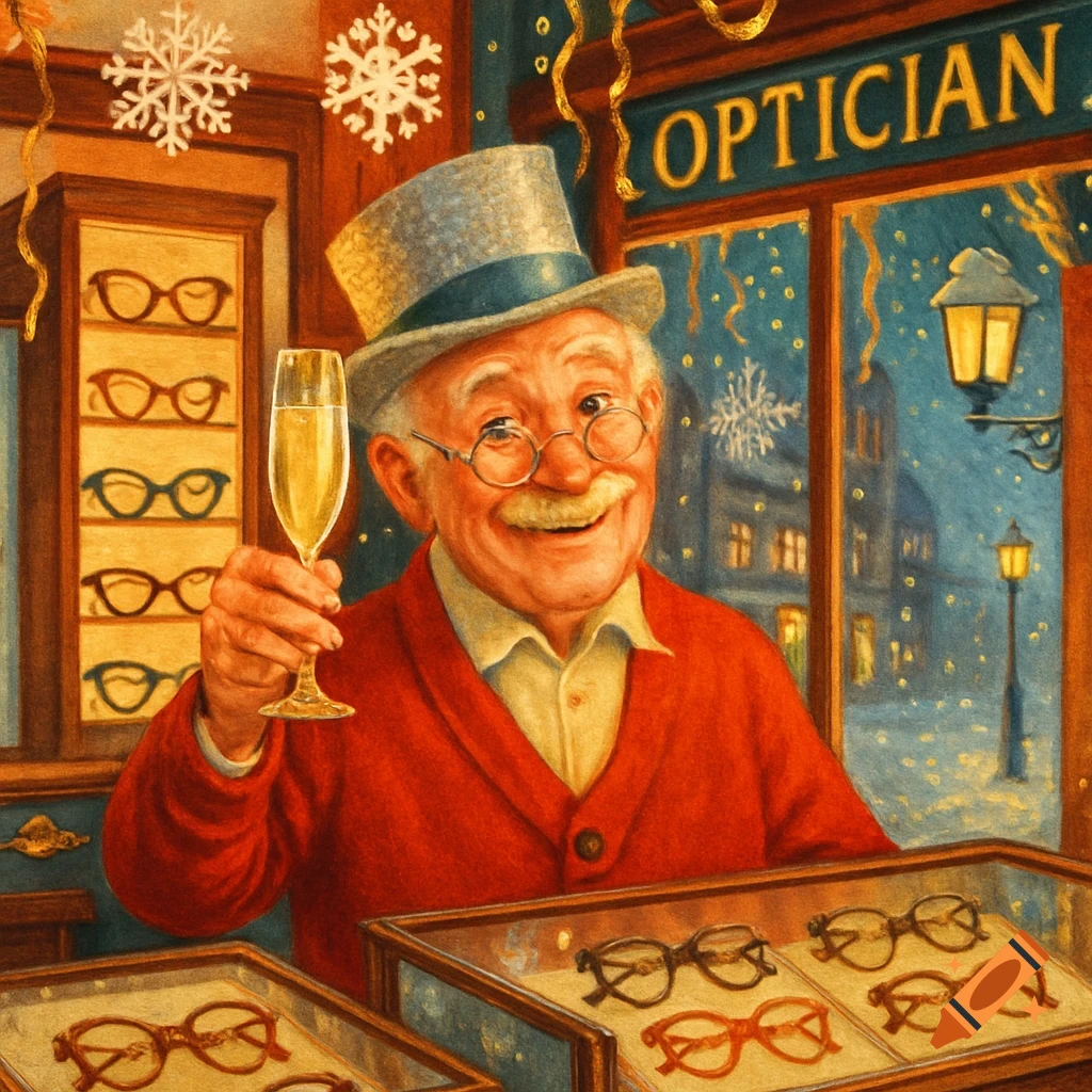A smiling old man in an optician's shop holds champagne, surrounded by eyeglasses and winter decorations.