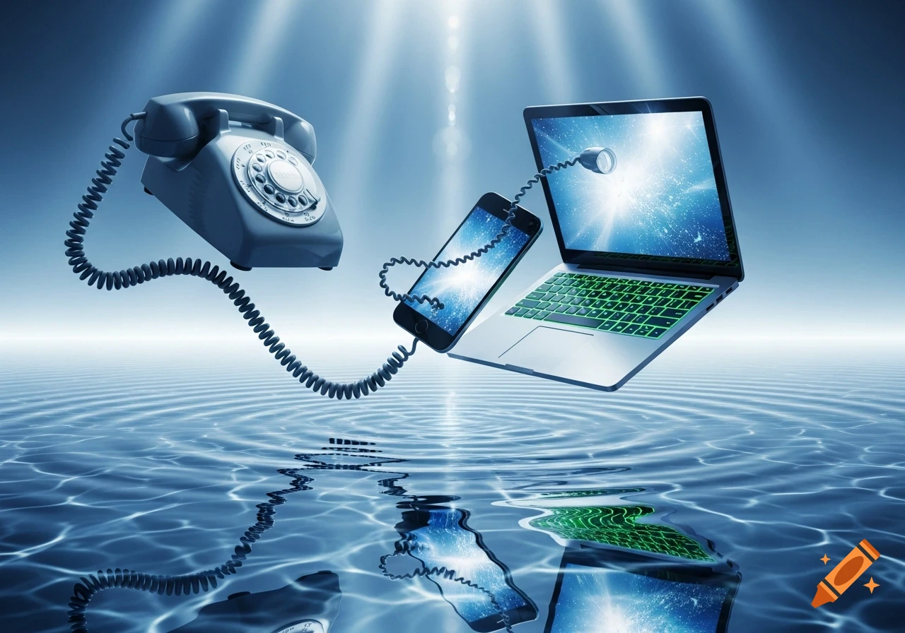 A retro dial phone, smartphone, and laptop connected by a coiled wire float above rippling blue water, reflecting light.