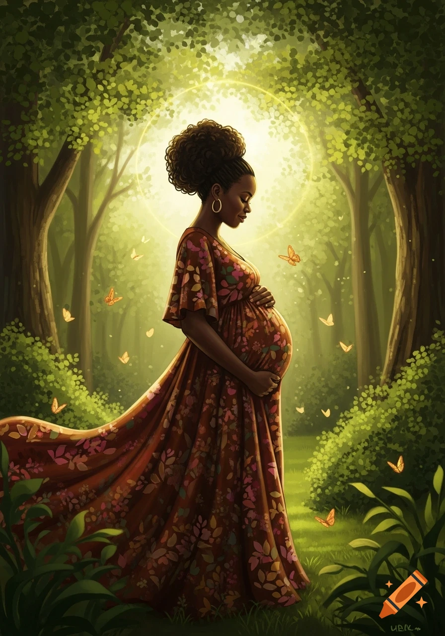 Serene illustration of a pregnant Black woman in a floral dress, holding her belly in a lush forest with butterflies under a glowing light.