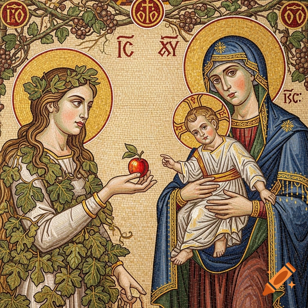 Mosaic of Eve offering an apple to the Virgin Mary holding baby Jesus, in early Christian art style.