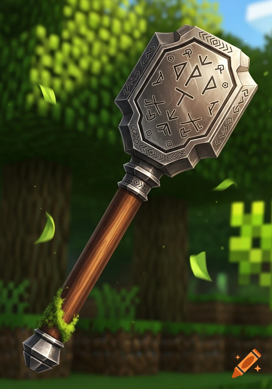 A stylized, runic Minecraft mace with a wooden handle and moss, set against a blurred pixelated forest background.