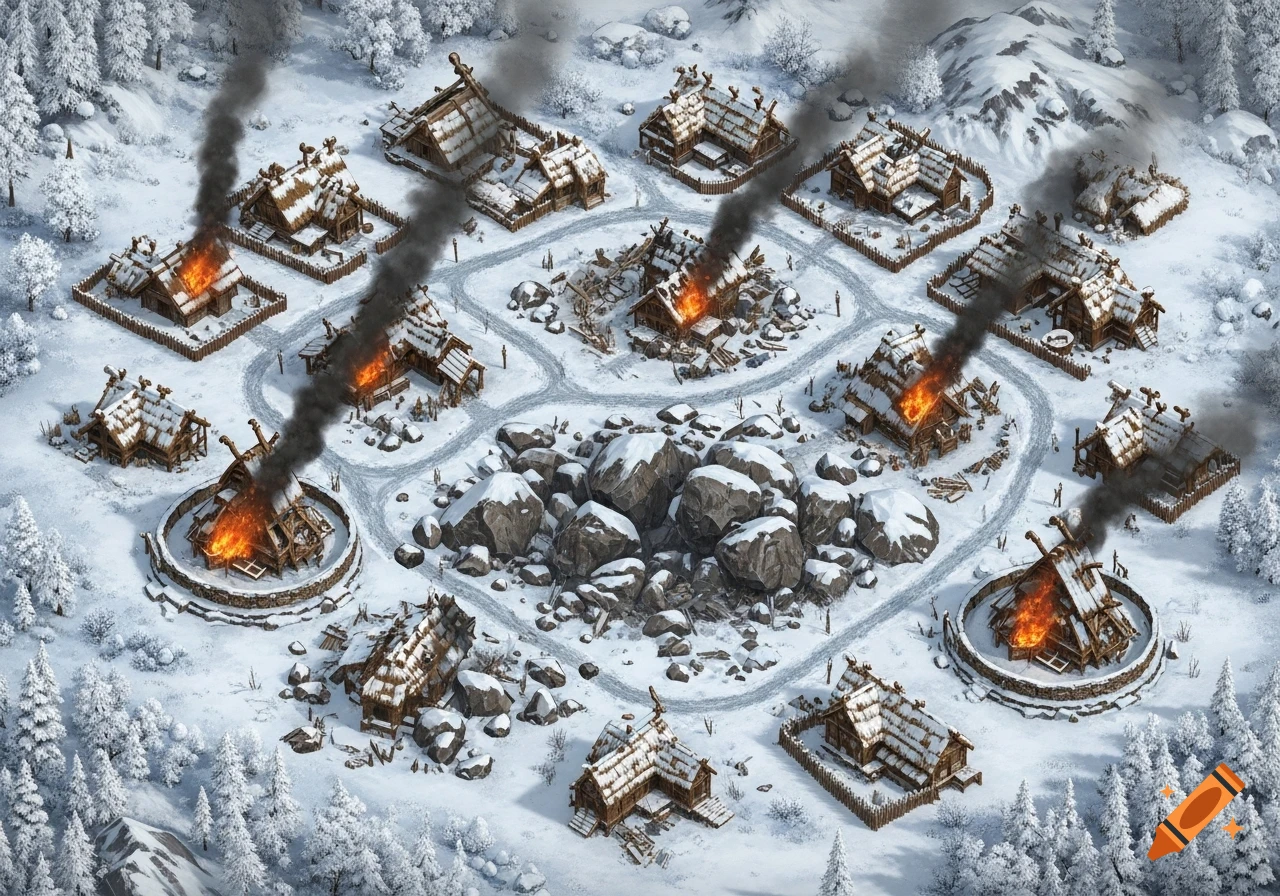 Top-down view of a snow-covered Viking village with several buildings on fire and others destroyed by rocks, like a strategy game map.