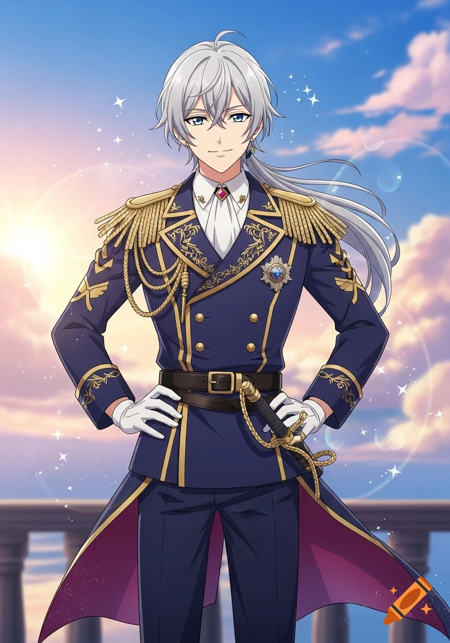 Anime character with white hair in an ornate navy blue military uniform with gold trim, white gloves, and a sword, set against a sparkling sky.