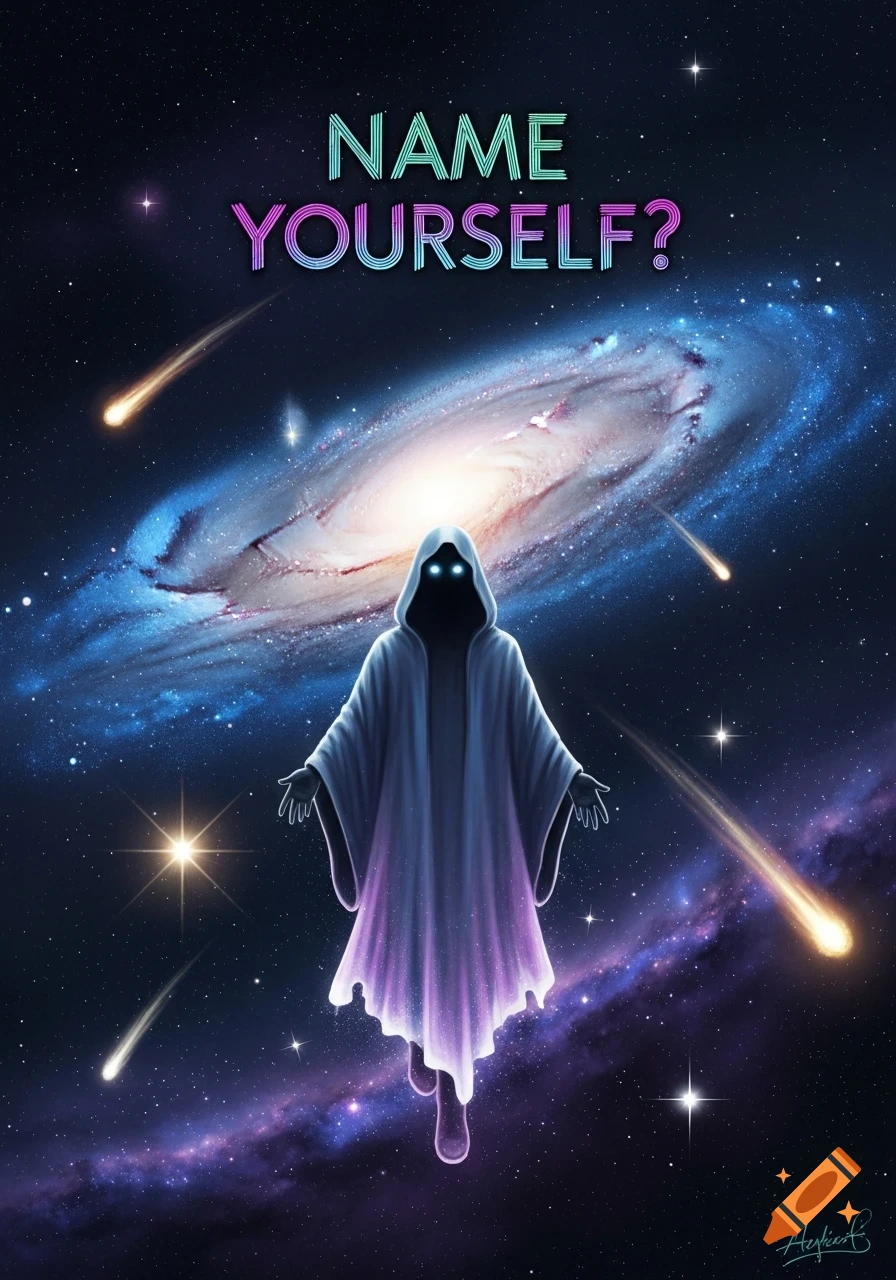 A cloaked figure with glowing eyes floats in space before a vibrant galaxy and shooting stars, with "NAME YOURSELF?" text.
