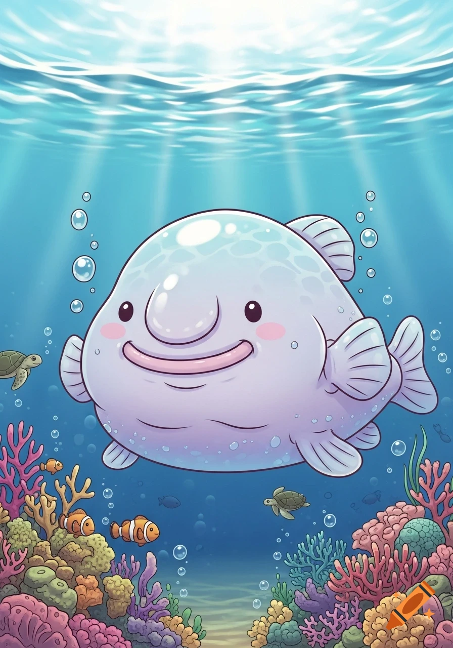 Cute cartoon blobfish smiling underwater amidst colorful coral, clownfish, and sea turtles.