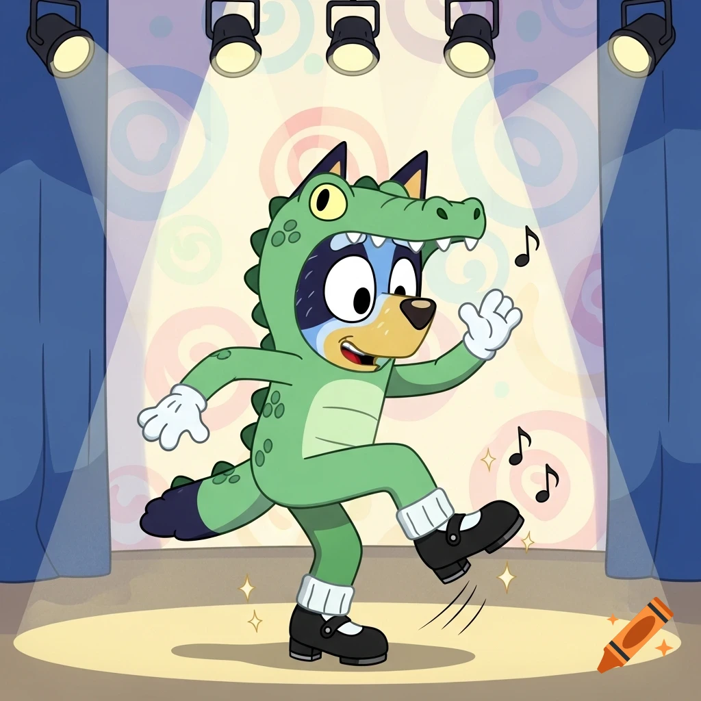2D cartoon of Bluey Heeler in a green alligator costume tap dancing on a stage under spotlights.