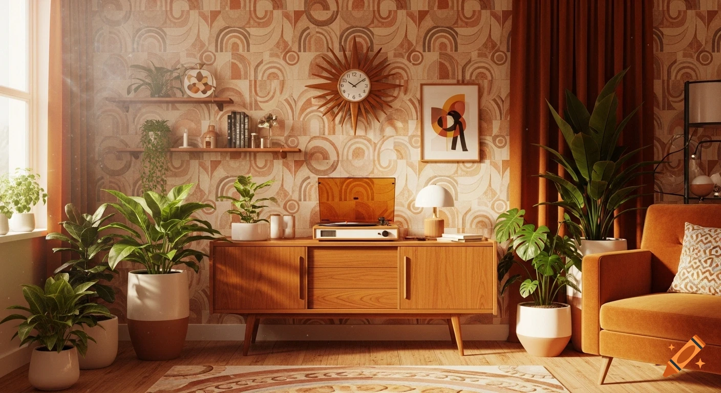 A retro 1970s living room with orange and brown patterned wallpaper, wooden console, sunburst clock, a record player, and numerous green plants.