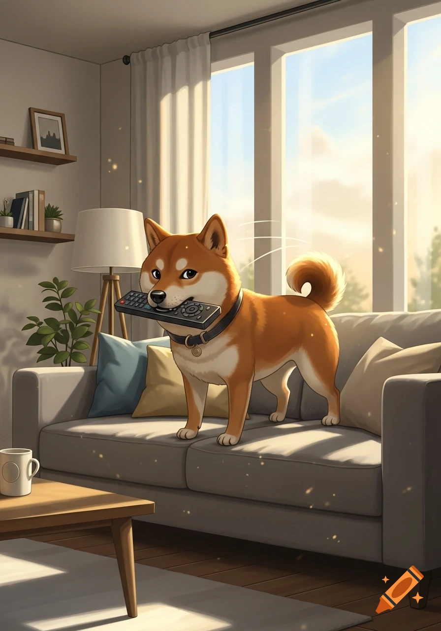 A cartoon Shiba Inu stands on a gray couch in a bright living room, holding a TV remote in its mouth.