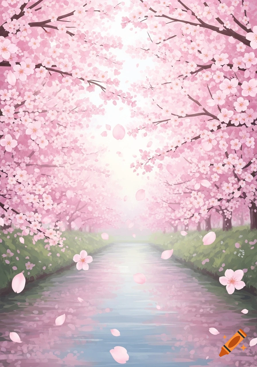 An illustration of a serene river winding through an alley of blossoming pink cherry trees, with petals floating on the water.