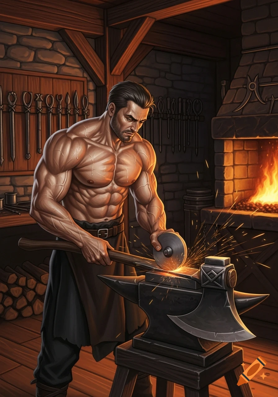 Muscular blacksmith, shirtless, sharpening a large axe with a grinding wheel, creating sparks in a rustic workshop with a fiery forge.