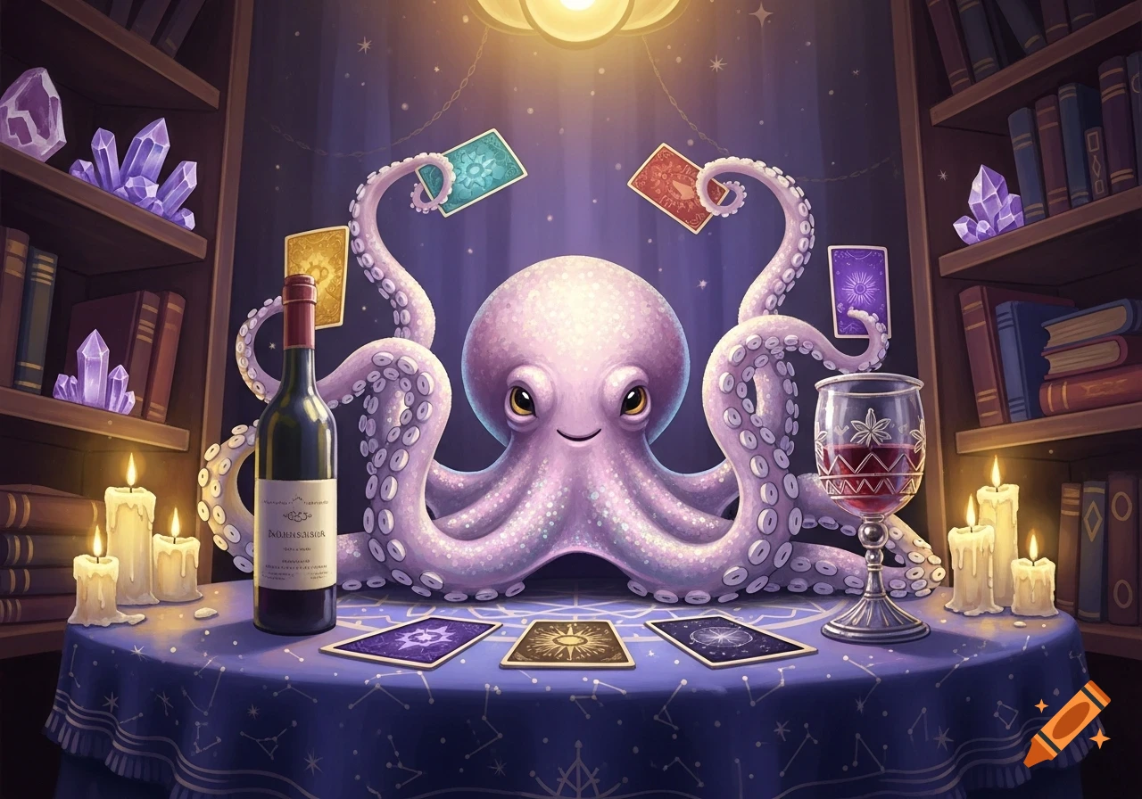 A friendly purple octopus plays with tarot cards on a starry table, with a wine bottle, glass, candles, books, and crystals in an illustrative style.