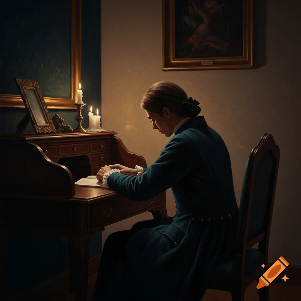 A person in 18th-century attire sits at a wooden desk, writing by soft candlelight in a classical oil painting style.