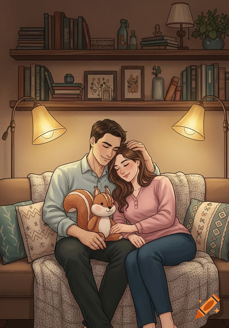 Illustrated couple cuddling on a couch, man holding a stuffed squirrel, in a cozy room with bookshelves and warm light.