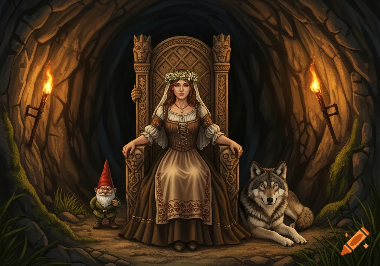 A woman with a flower crown sits on a carved throne in a cave, flanked by a gnome and a wolf.
