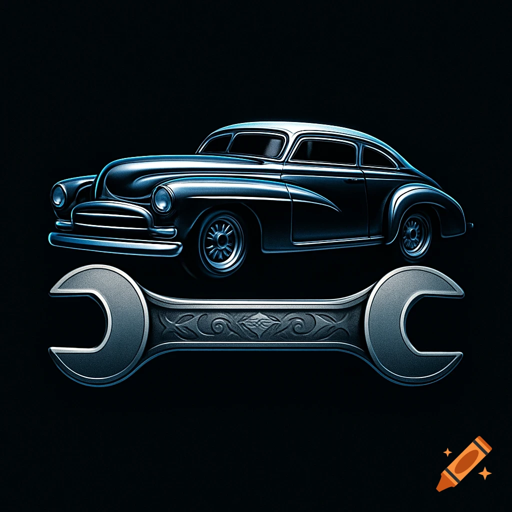 Stylized dark blue classic car above an ornate silver wrench on a black background.