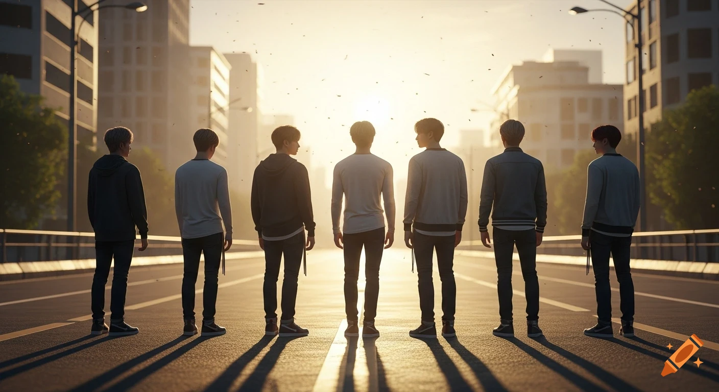 Seven young men, a K-pop group, stand with their backs to the camera on an urban street at sunrise, bathed in golden light.