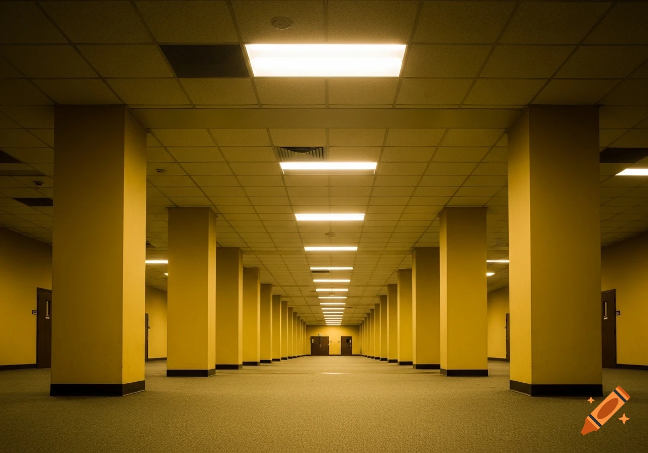 A long, empty, eerie hallway with yellow walls, many rectangular pillars, a carpeted floor, and glowing fluorescent lights leading into the distance.