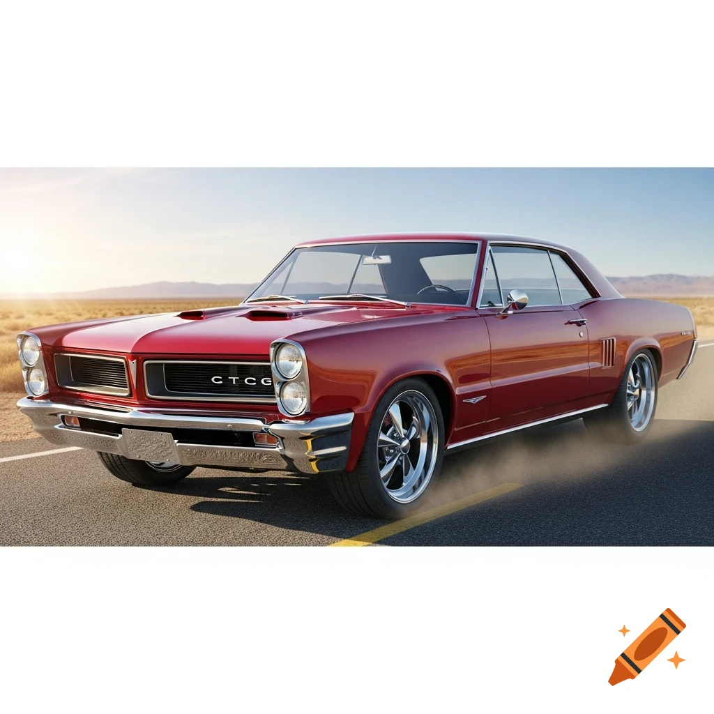 A glossy red classic muscle car, possibly a 1965 Pontiac GTO, drives on a desert road under a sunny sky.