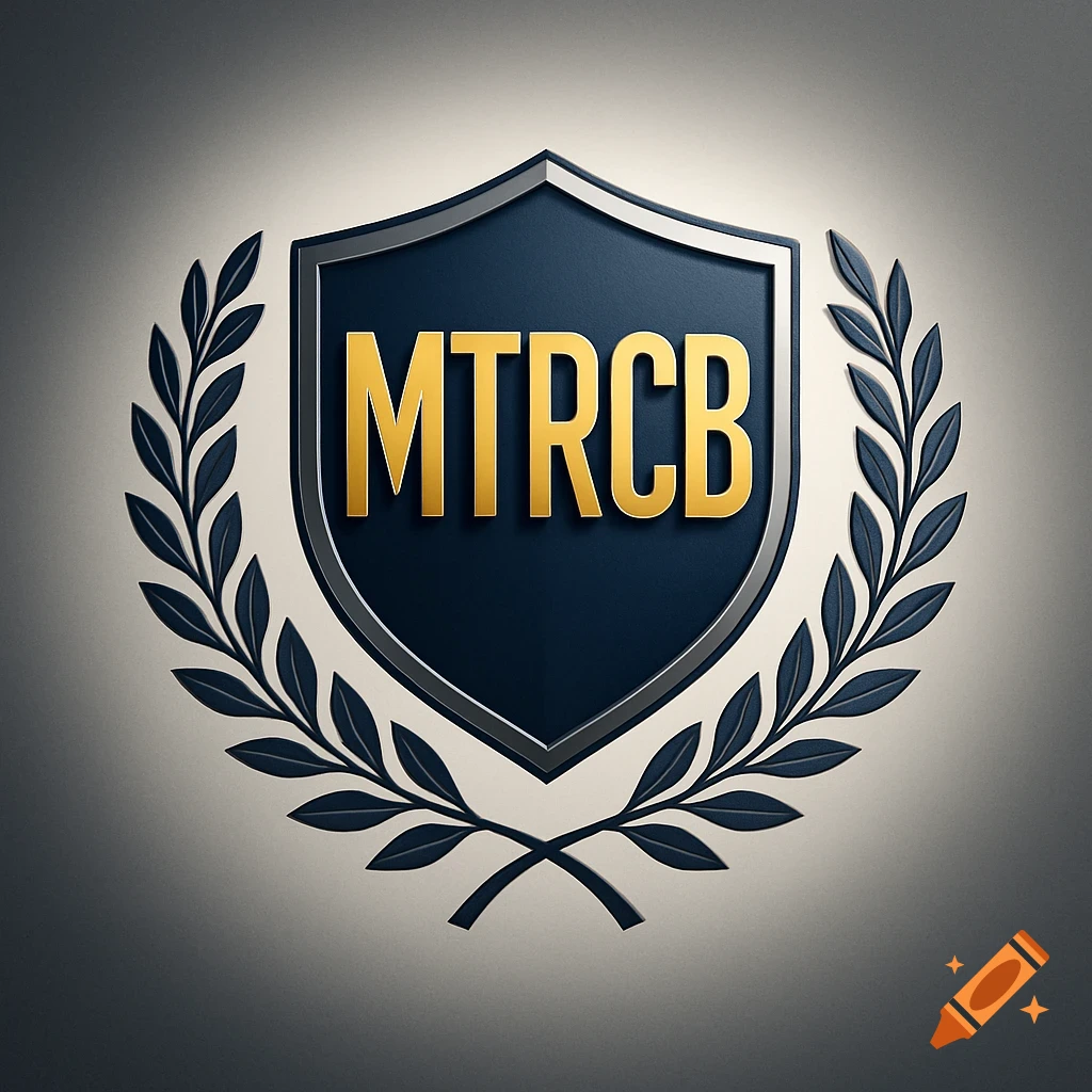 Gold 'MTRCB' text on a dark blue shield, framed by a grey laurel wreath, against a light grey background.