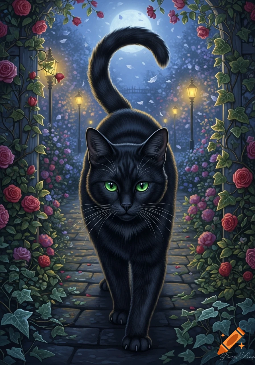 A sleek black cat with glowing green eyes walks on a stone path through ...