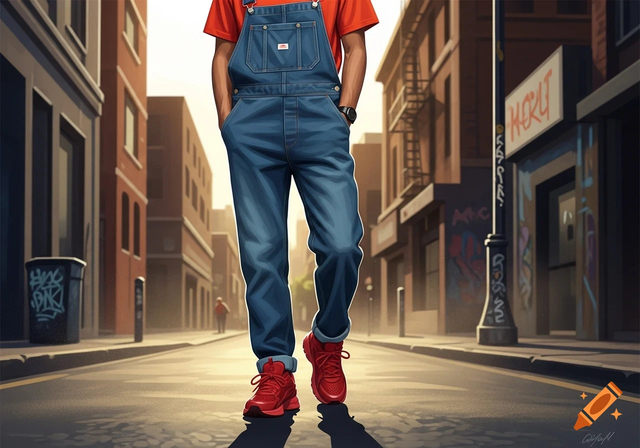 A person wearing blue denim overalls, a red t-shirt, and red sneakers walks down a sunlit urban street.