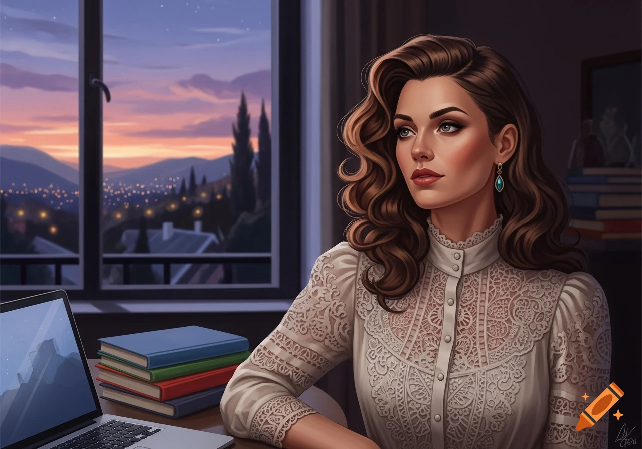 Digital art portrait of a woman with long curly brown hair in a white lace blouse, at a desk with a laptop and books, gazing at a sunset city view from a window.