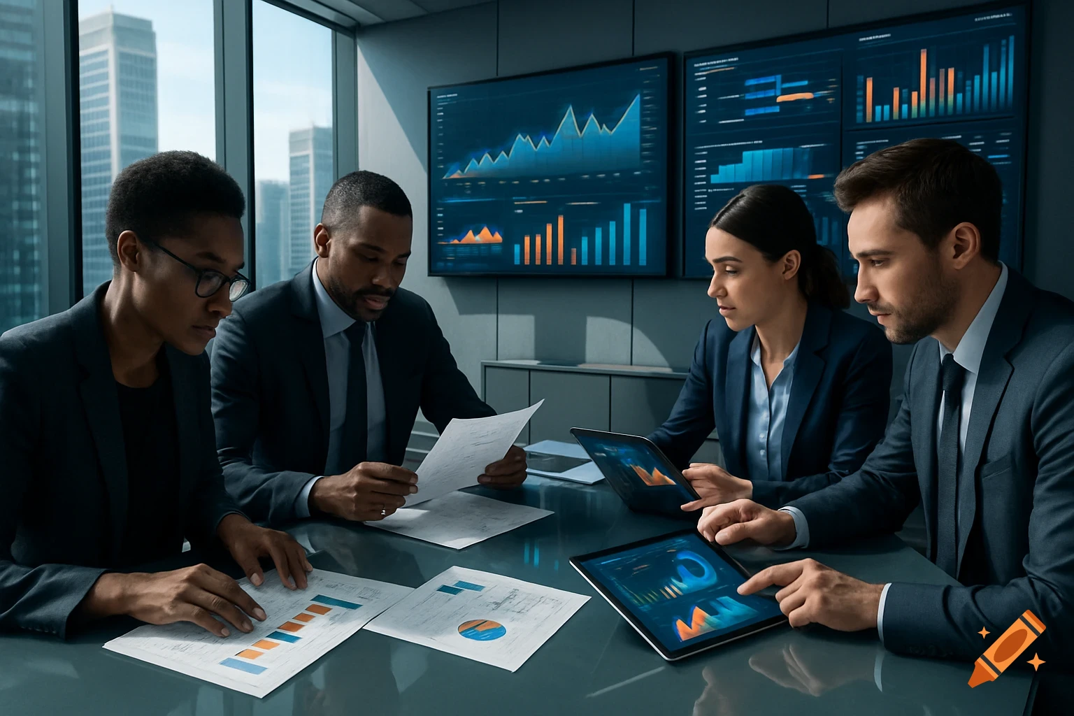 Four business professionals in suits review charts and data on screens and tablets in a modern meeting room with city views, photorealistic style.